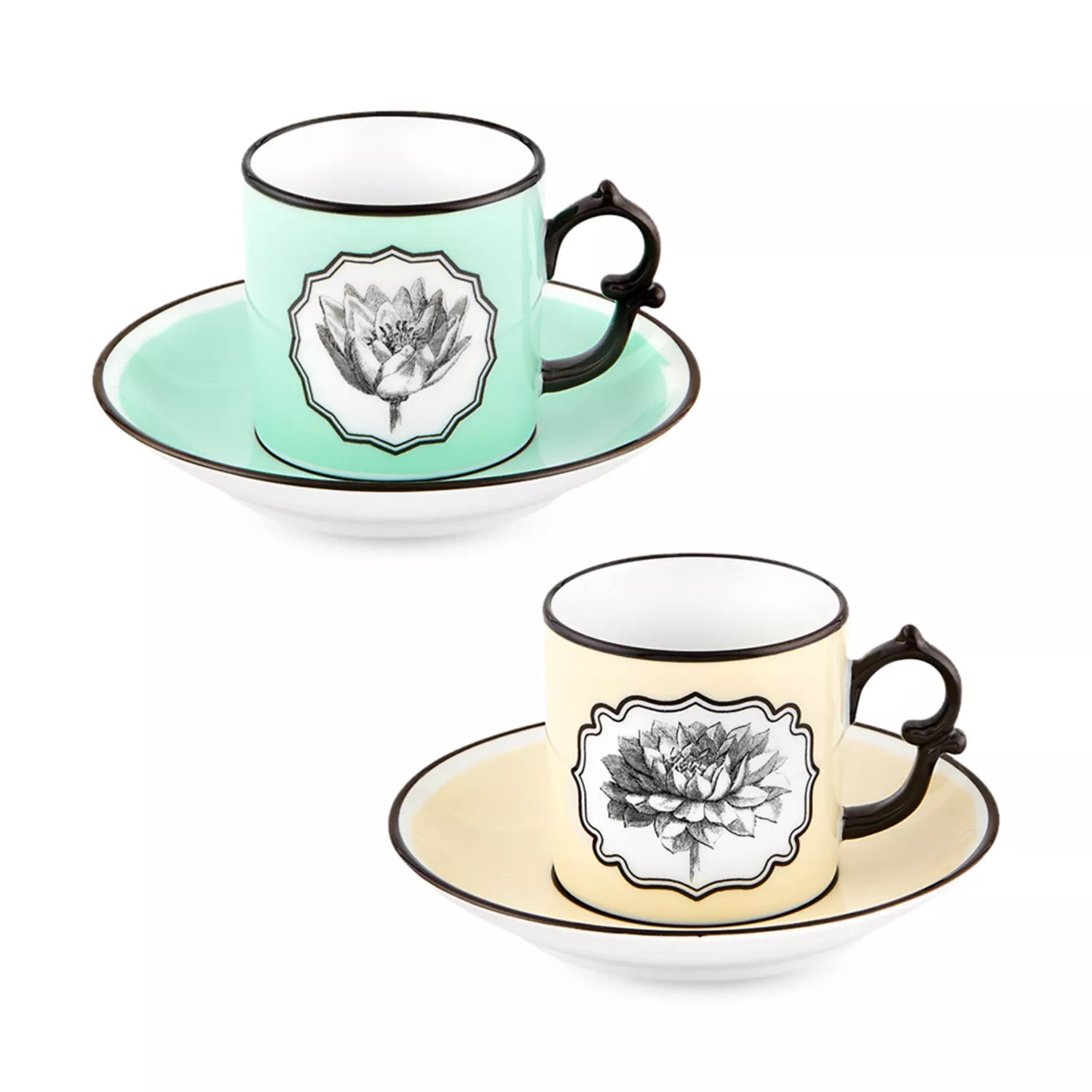 VIsta Alegre Herbariae ~ S/2 Coffee Cups & Saucers (Yellow & Green)