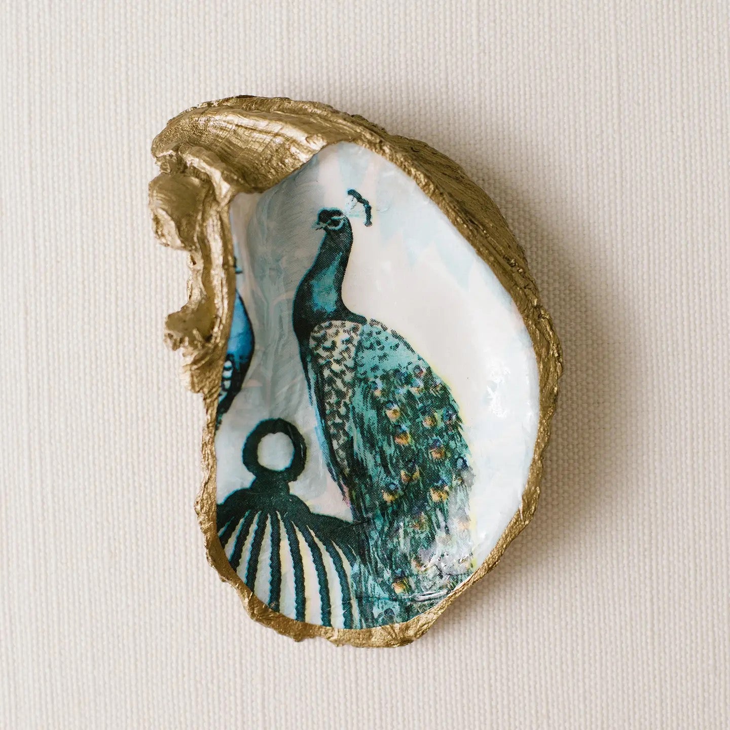 Decoupage Oyster Jewelry Dish: Blue Peacock XL