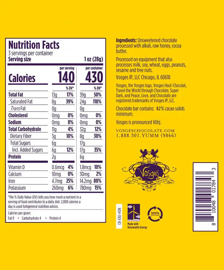 Vosges Haut-Chocolat - Dark Chocolate Wildflower Raw Honey Bar: 82% Cacao