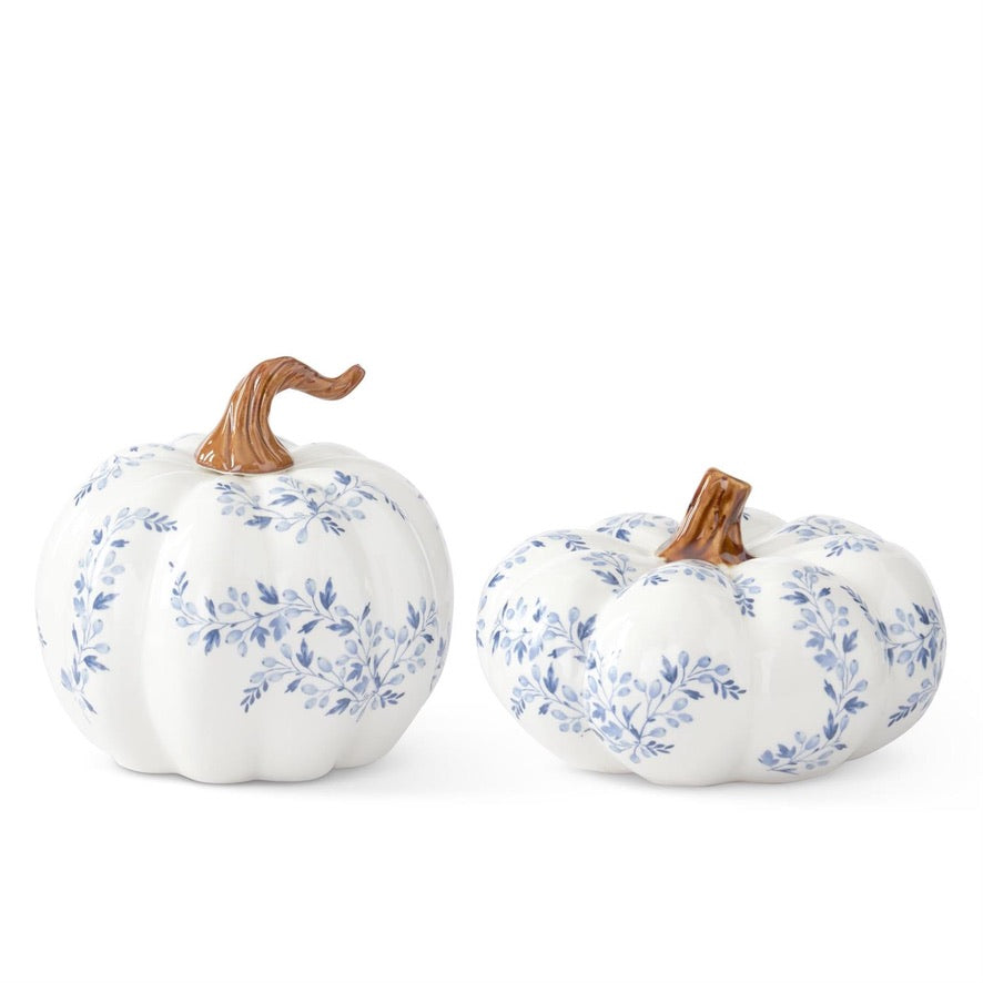 White With Blue Floral Ceramic Pumpkins