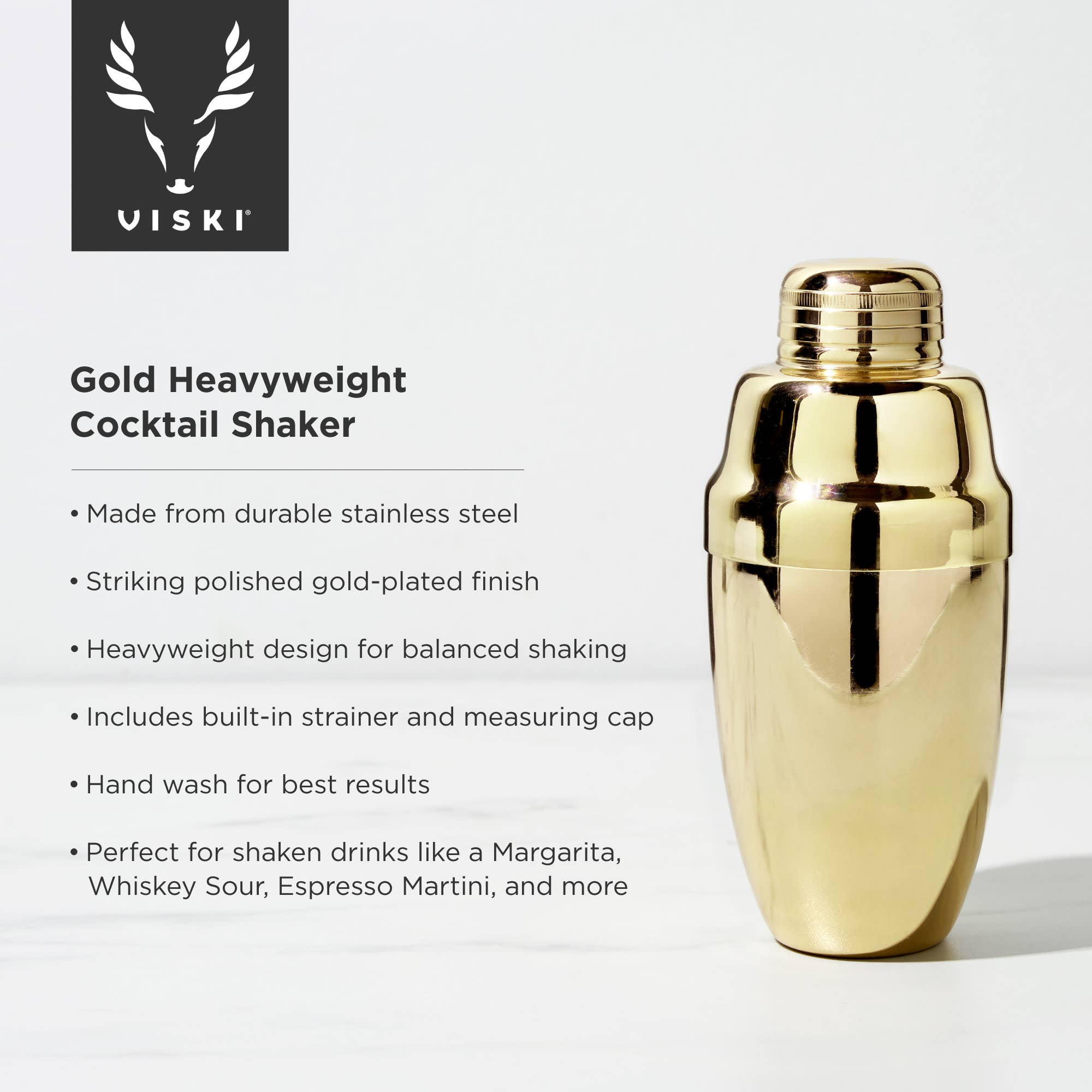 Viski - Belmont™ Gold Plated Heavyweight Cocktail Shaker w Strainer