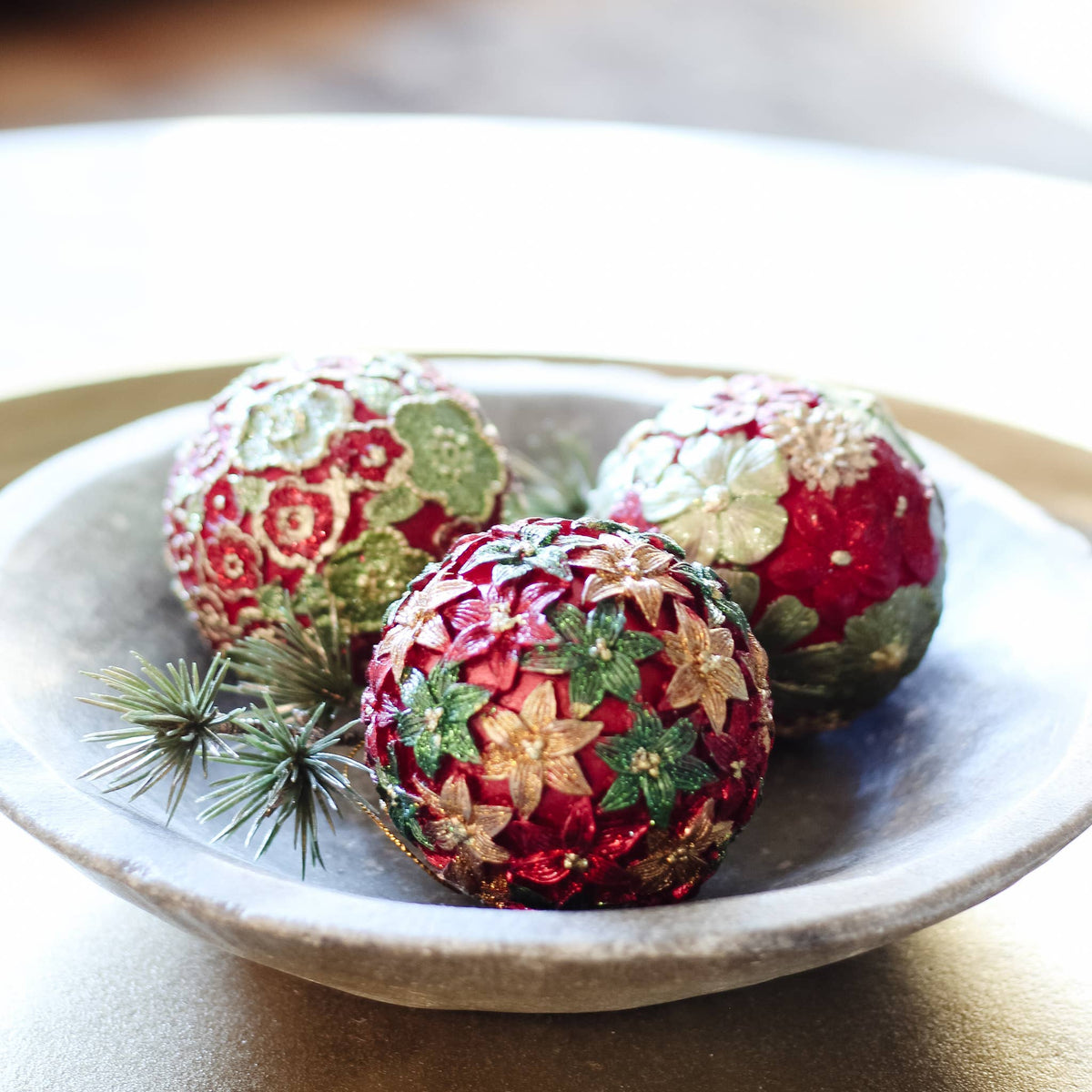 Dekorasyon Gifts  Decor - 3" Beaded Petals Ball Orn (Red/Citron)