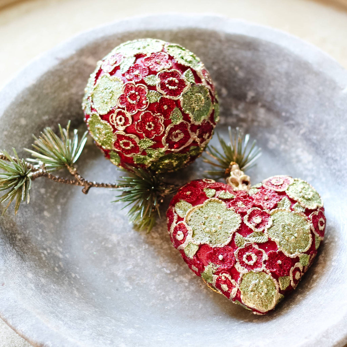 Dekorasyon Gifts  Decor - 3" Beaded Petals Ball Orn (Red/Citron)