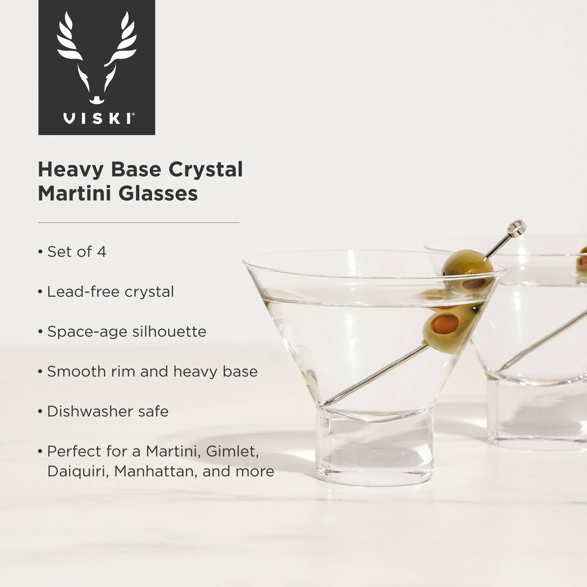 Viski - Raye™ HeavyBase Stemless Crystal Martini Glasses Set of 4