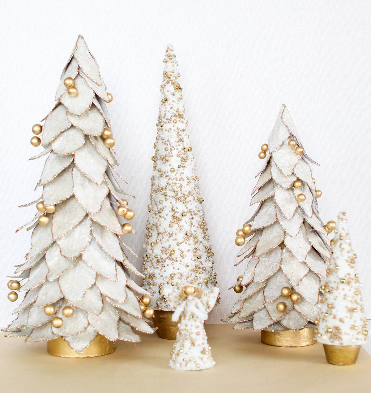 Dekorasyon Gifts  Decor - Flocked Kraft Leaf Tree w/Gold Beads (Ecru/Gold)