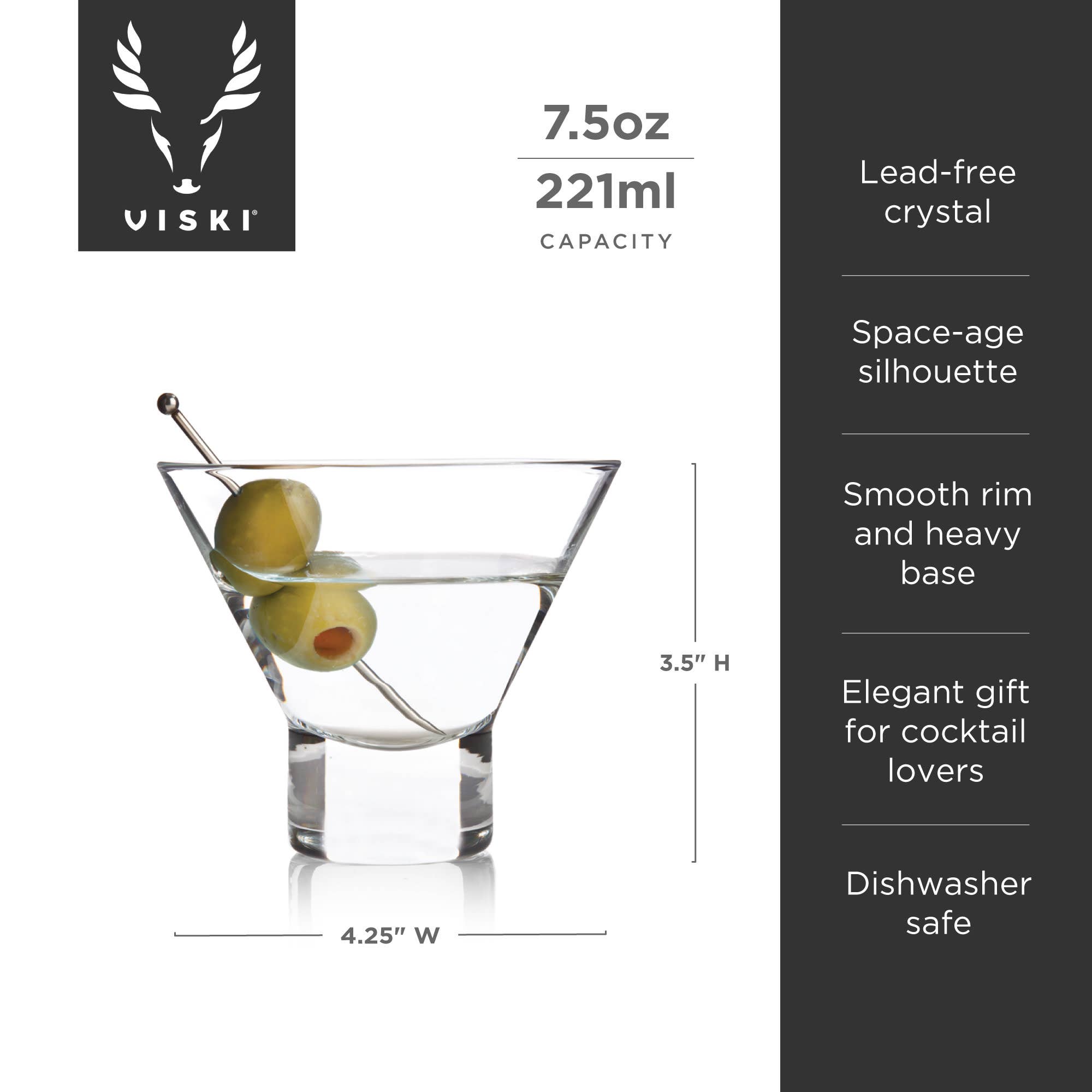 Viski - Raye™ HeavyBase Stemless Crystal Martini Glasses Set of 4