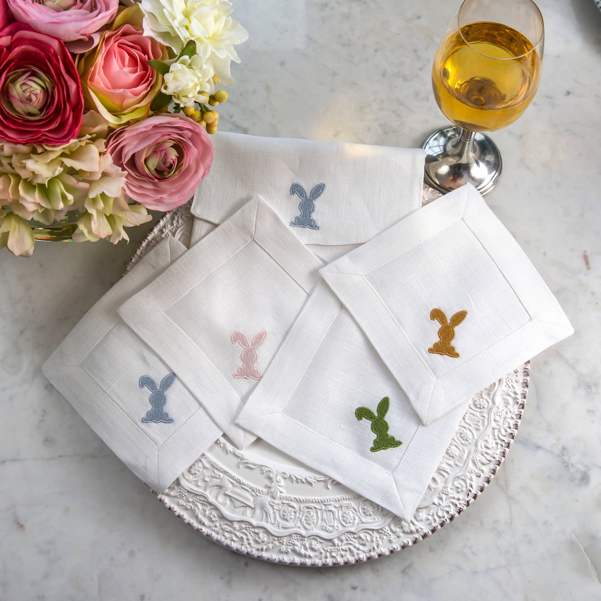 Arte Italica & Crown Linen Designs - Floppy Eared Bunny Cocktail Napkin Set (4) - Easter