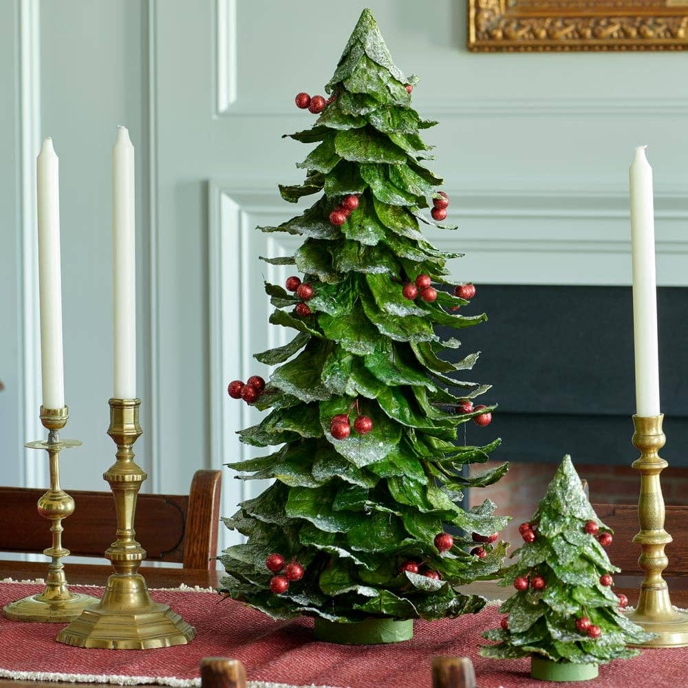 Flocked Leaf Cone Tree w/Berries (Green/Red)