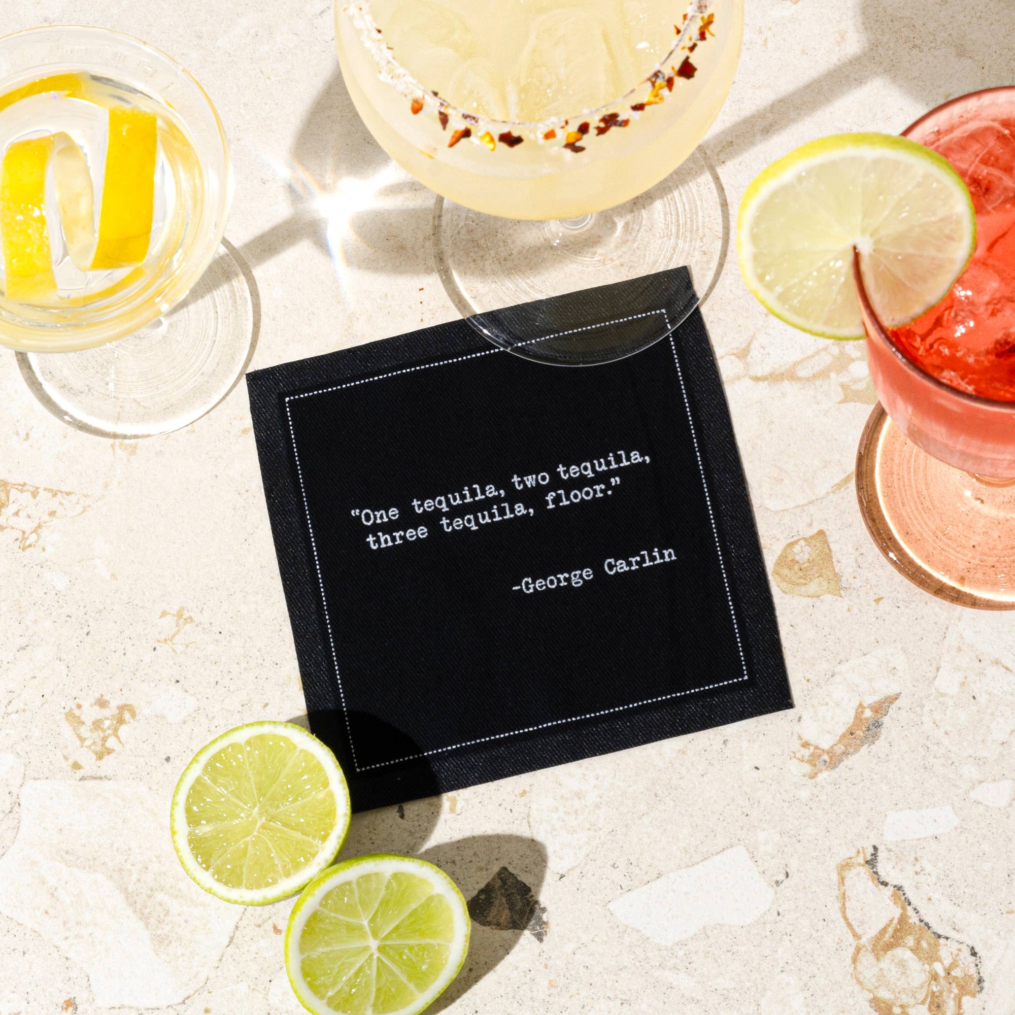 Five Star Napkins Inc. - Drinking Quotes - Black Cotton Cocktail Napkins 50x