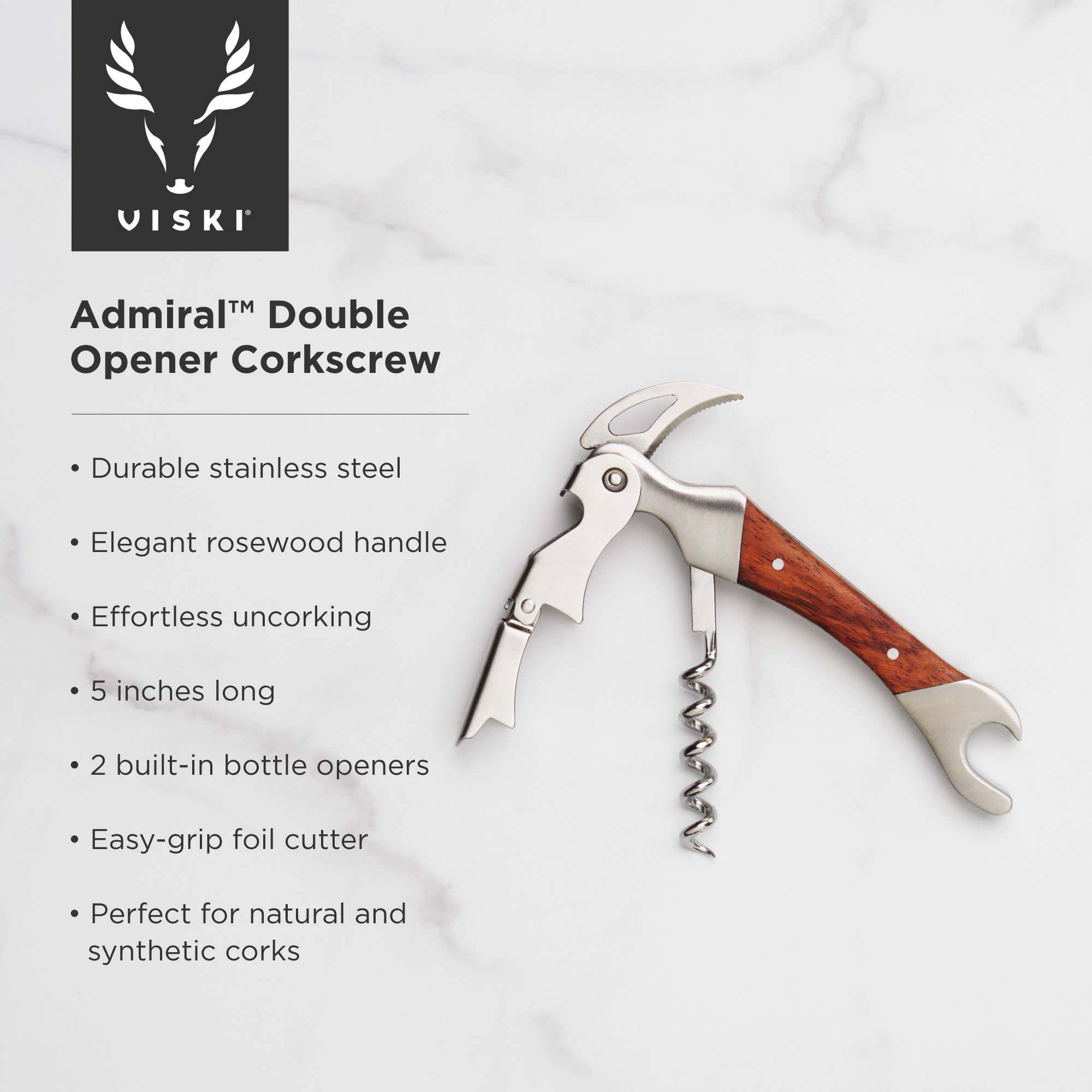 Viski - Admiral™ Rosewood DoubleHinged Corkscrew and Foil Cutter
