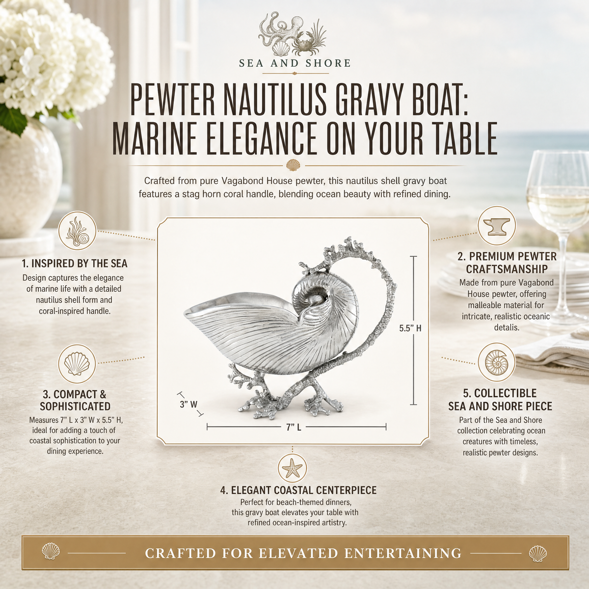 Pewter Nautilus Gravy Boat