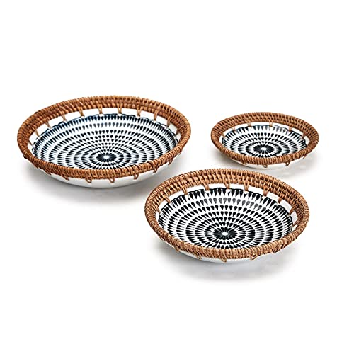 Sundial Set of Black/White Hand Woven Basket Bowls Set of 3