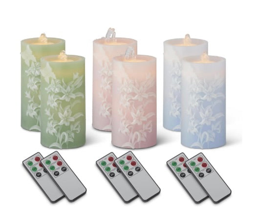 Embossed LED Wax Pillar Water Candles with Timers & Remote