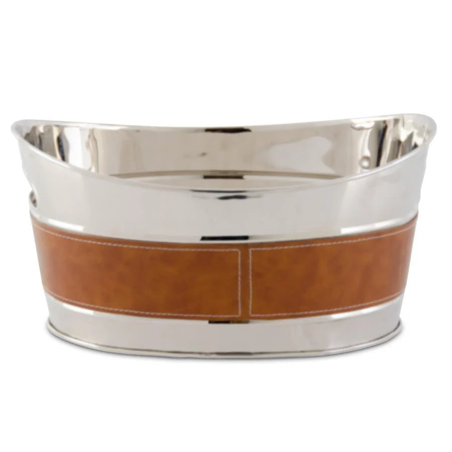 Silver w/ Brown Leather Oval Ice Bucket 15"