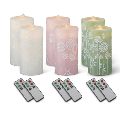 Embossed LED Wax Pillar Water Candles with Timers & Remote