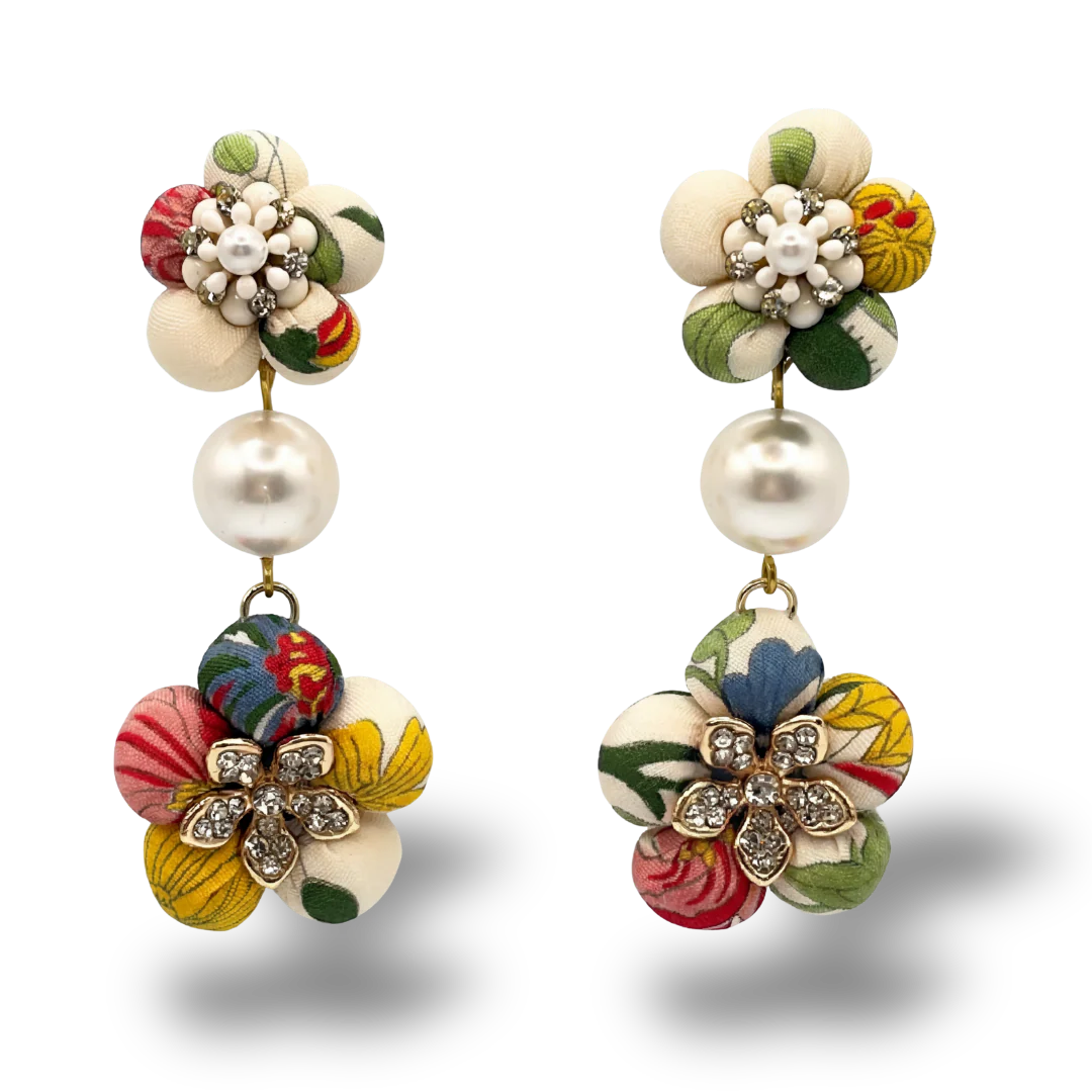 Vintage Luxe Flora Vintage Silk Necktie Chandelier Earrings (WHT)