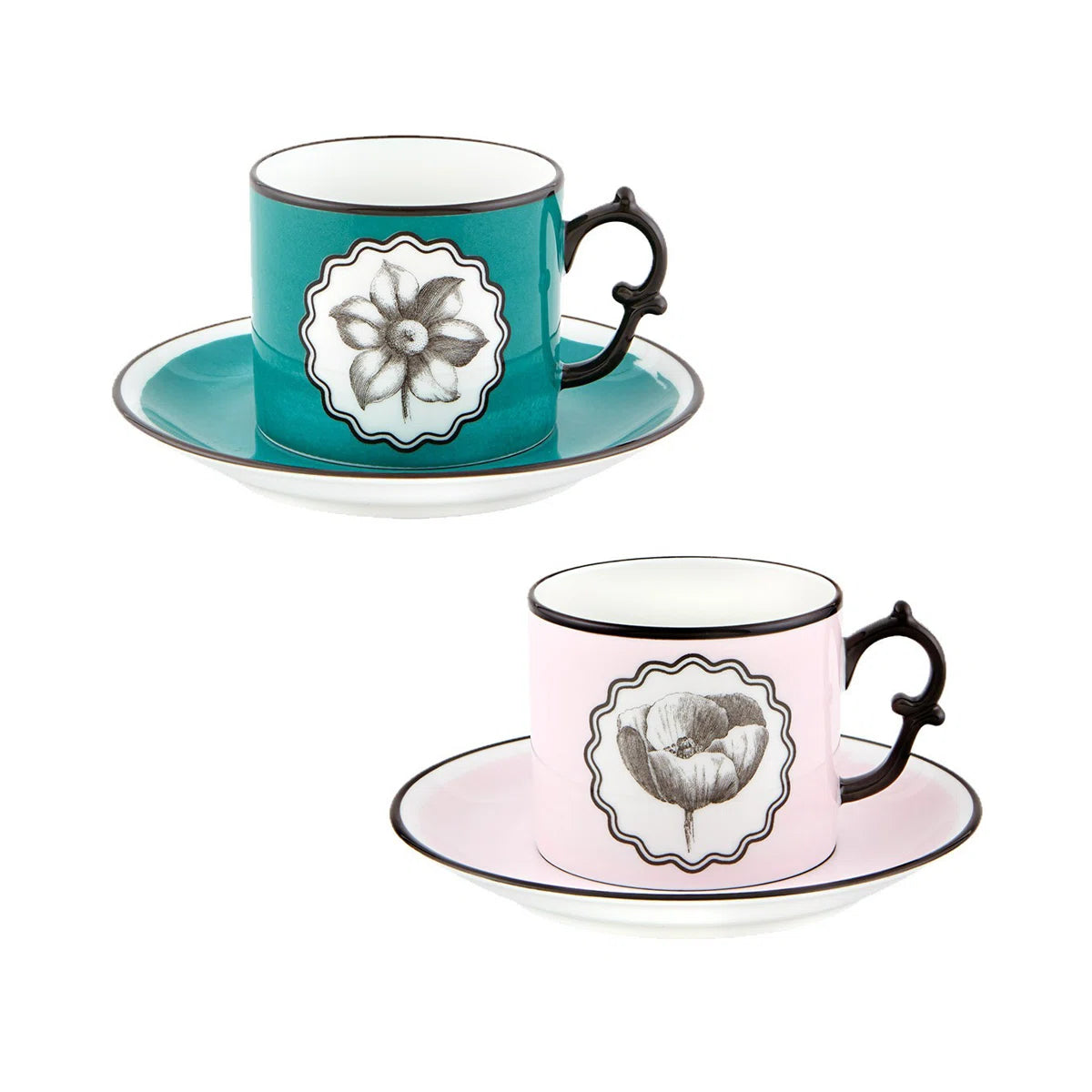 VIsta Alegre Herbariae ~ S/2 Tea Cups & Saucers (Pink & Peacock)
