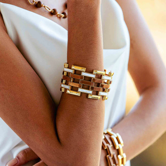 Capucine De Wulf Pathway Grande Link Bracelet 7.5” Teak/Gold/MOP