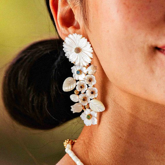 Capucine De Wulf Mermaid Garden Convertible Statement Earrings - MOP Multi Colored Jade