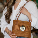 MOB Tan Flat Bow Tote - Tortoise Round Horseshoe