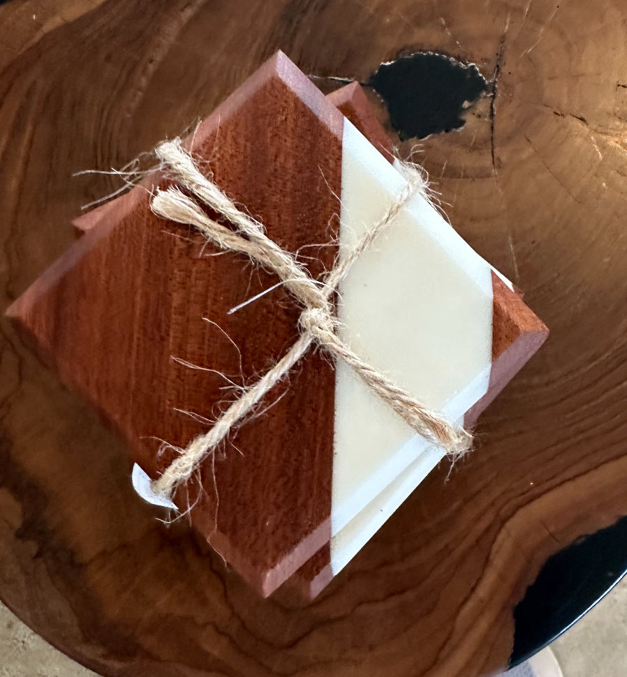 Cherry Wood & White Coasters S/4