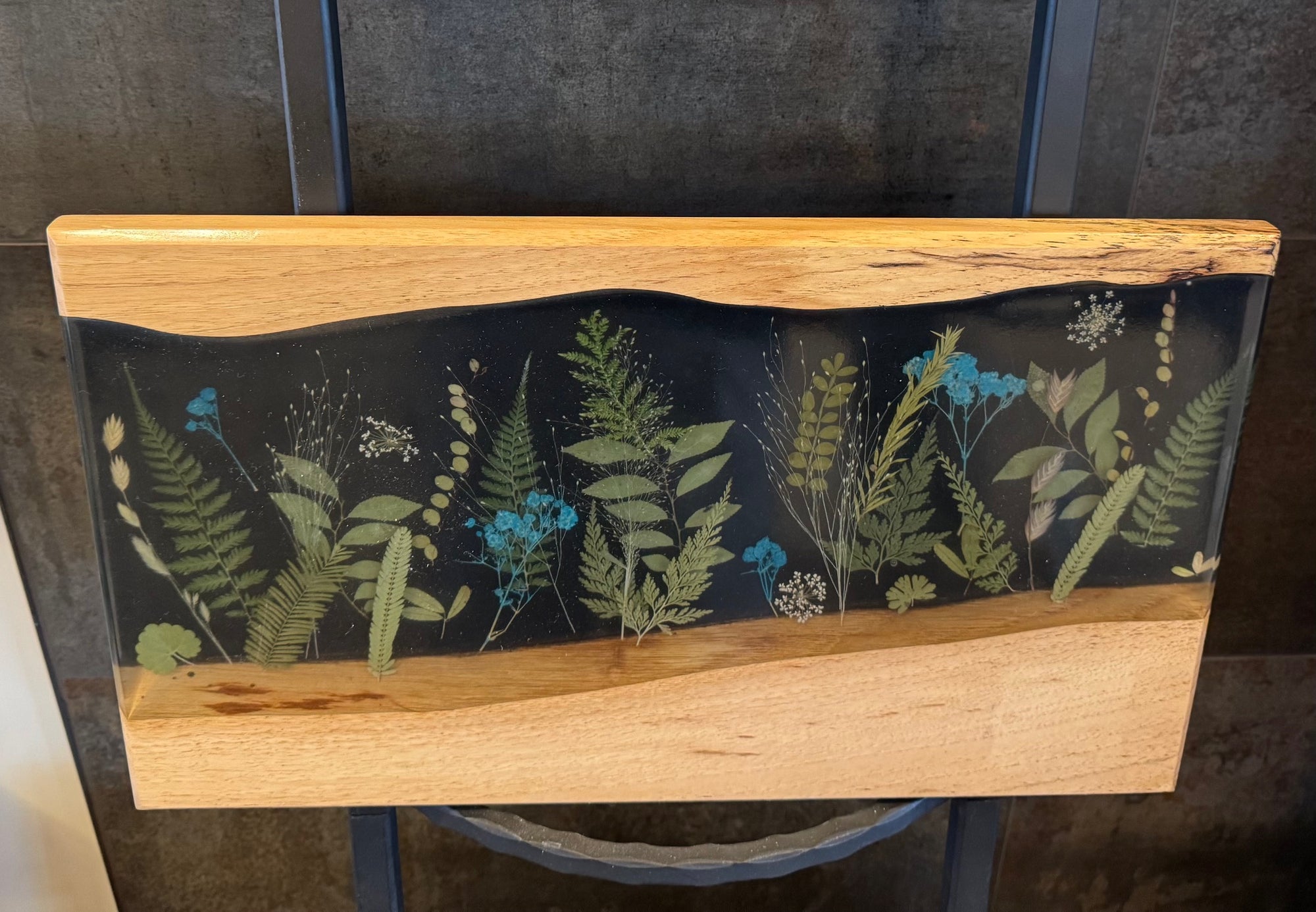 Large Charcuterie Board with Greenery and Blue Flowers