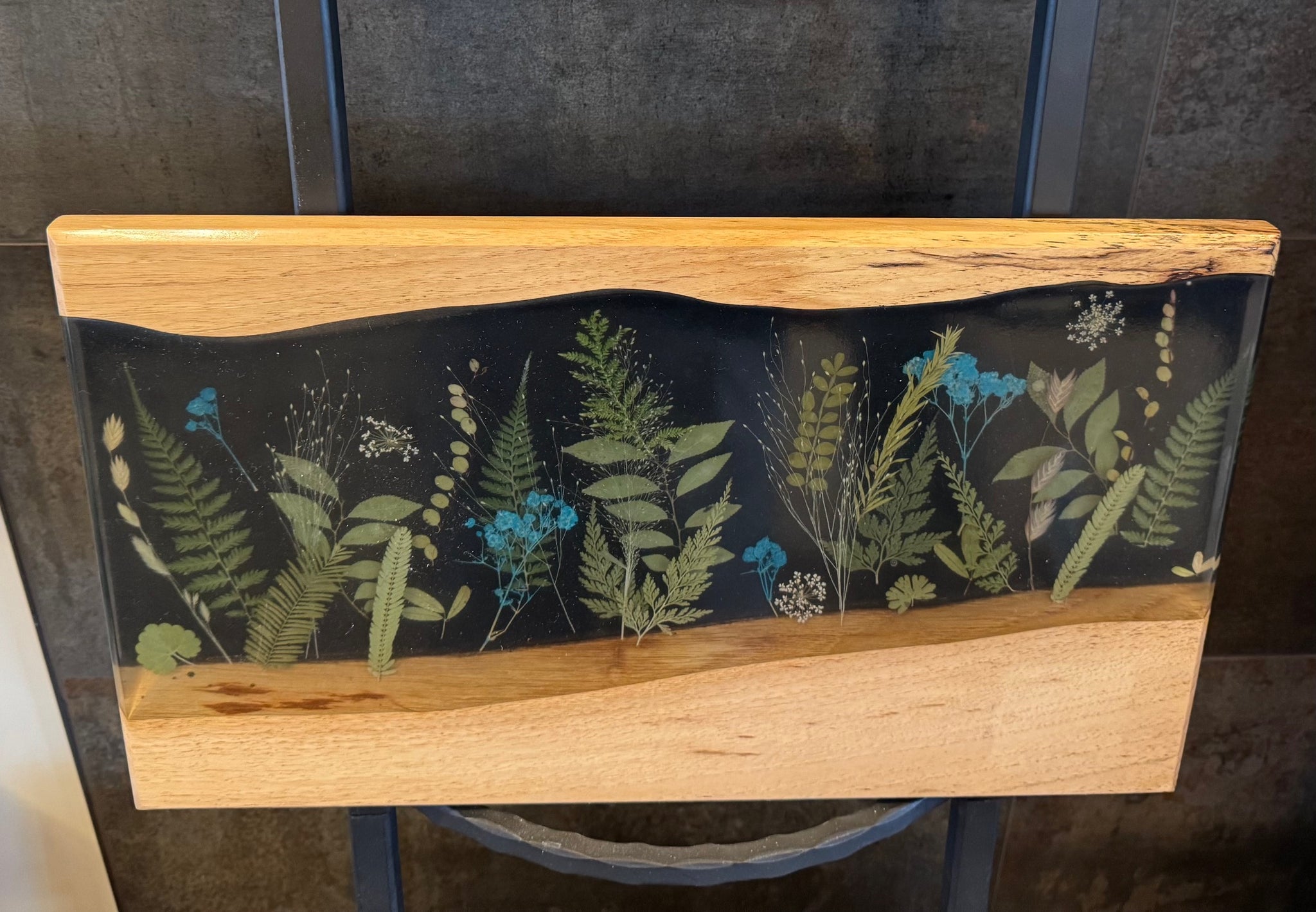 Large Charcuterie Board with Greenery and Blue Flowers