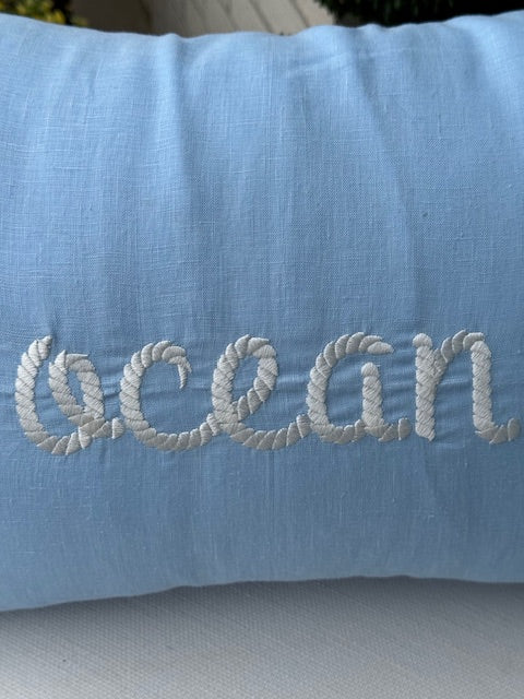 So Soft Linen Light Blue Pillow 14x20 with Ocean Embroidery