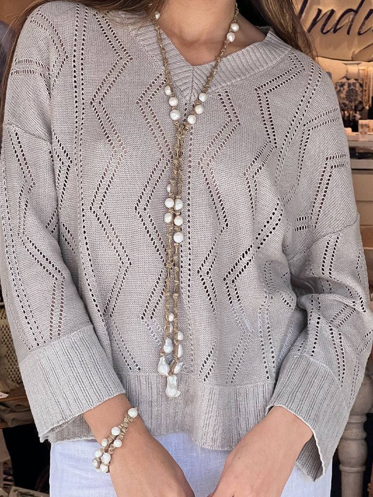 MELA Moletta Pearl Lariat on Sand & Metallic Rope