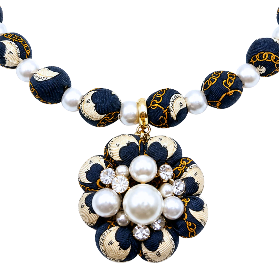 Vintage Luxe Logo Moon Pearl Cluster Vintage Silk Necktie Necklace