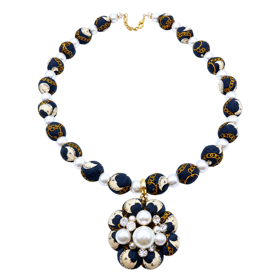 Vintage Luxe Logo Moon Pearl Cluster Vintage Silk Necktie Necklace