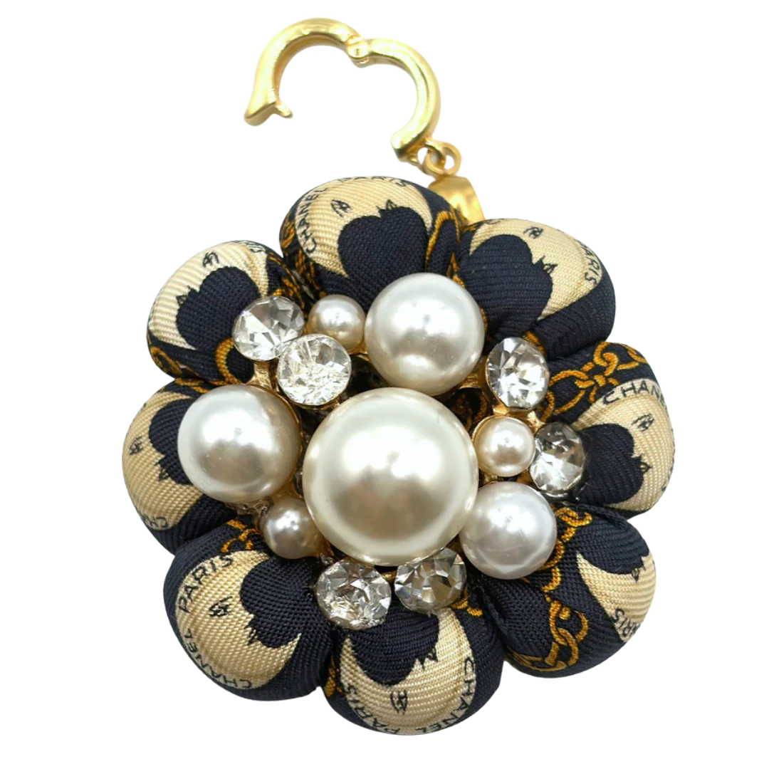 Vintage Luxe Logo Moon Pearl Cluster Vintage Silk Necktie Necklace
