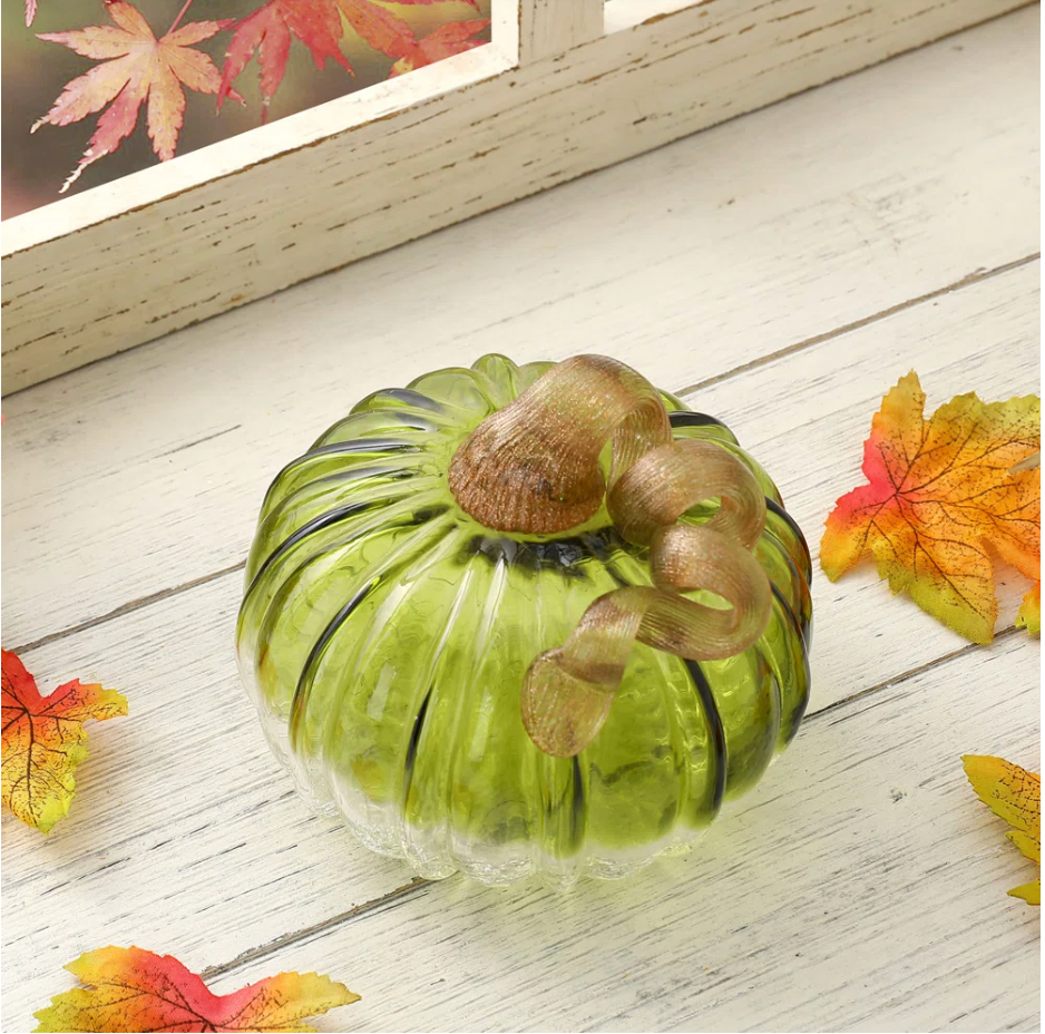 Green & Clear Cracked Handblown Glass Pumpkins (Multiple Sizes)