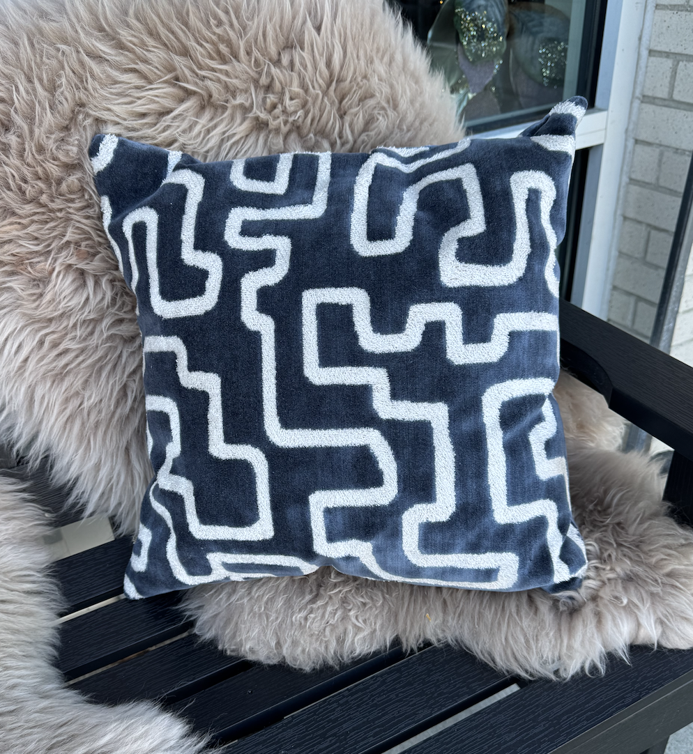 Palecek Pillow Square Down - Velvet Maze Steel Blue & Cream