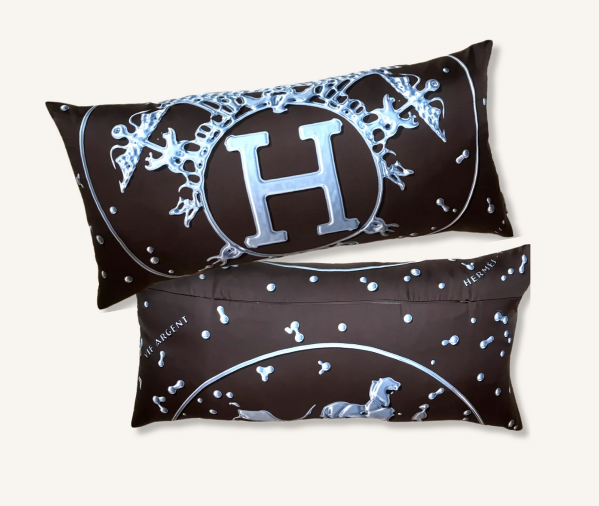 Hermes Vif Argent Brown & Silver Vintage Silk Scarf Lumbar Pillow 35"
