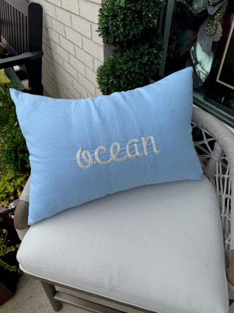 So Soft Linen Light Blue Pillow 14x20 with Ocean Embroidery