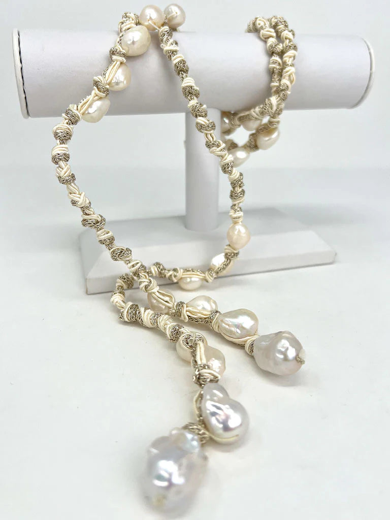 MELA Moletta Pearl Lariat on Sand & Metallic Rope