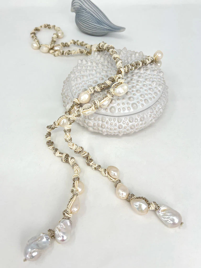 MELA Moletta Pearl Lariat on Sand & Metallic Rope