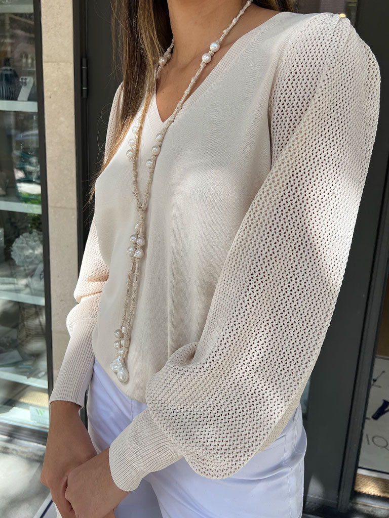 MELA Moletta Pearl Lariat on Sand & Metallic Rope