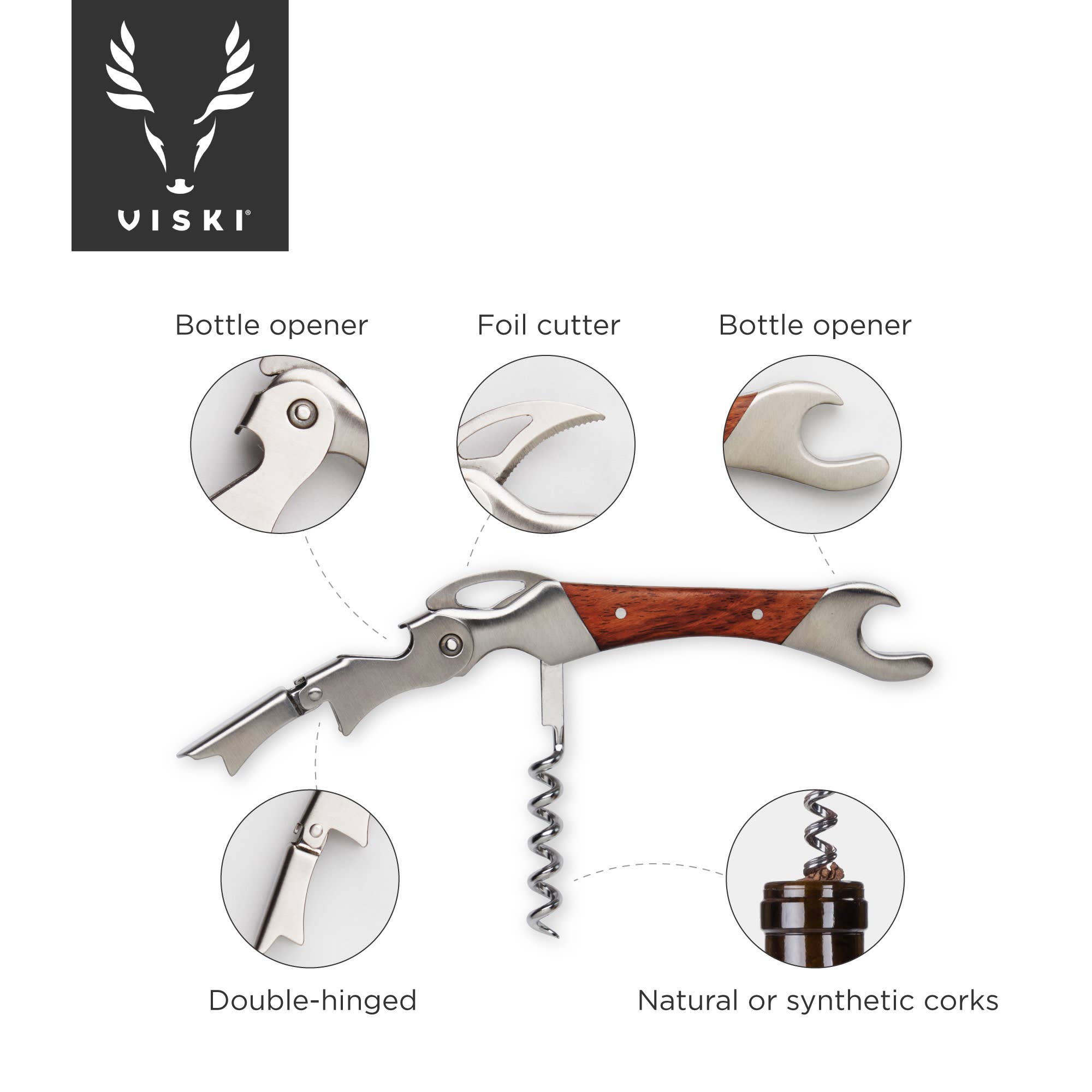 Viski - Admiral™ Rosewood DoubleHinged Corkscrew and Foil Cutter