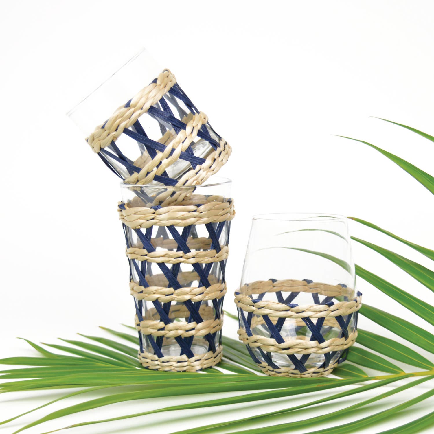 Navy Rattan Tumbler Glass