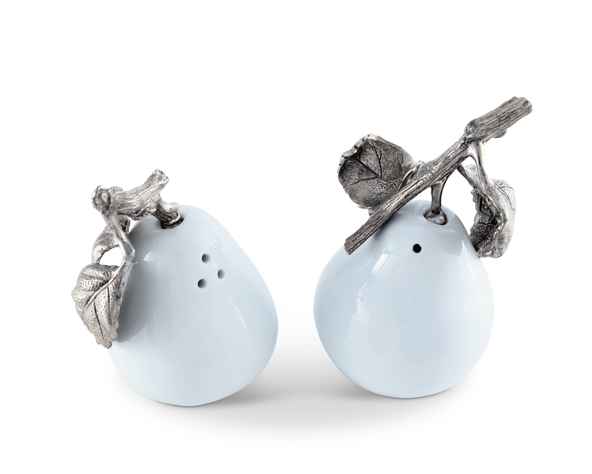 Vagabond House - Porcelain Pear Salt and Pepper with Pewter Leaf