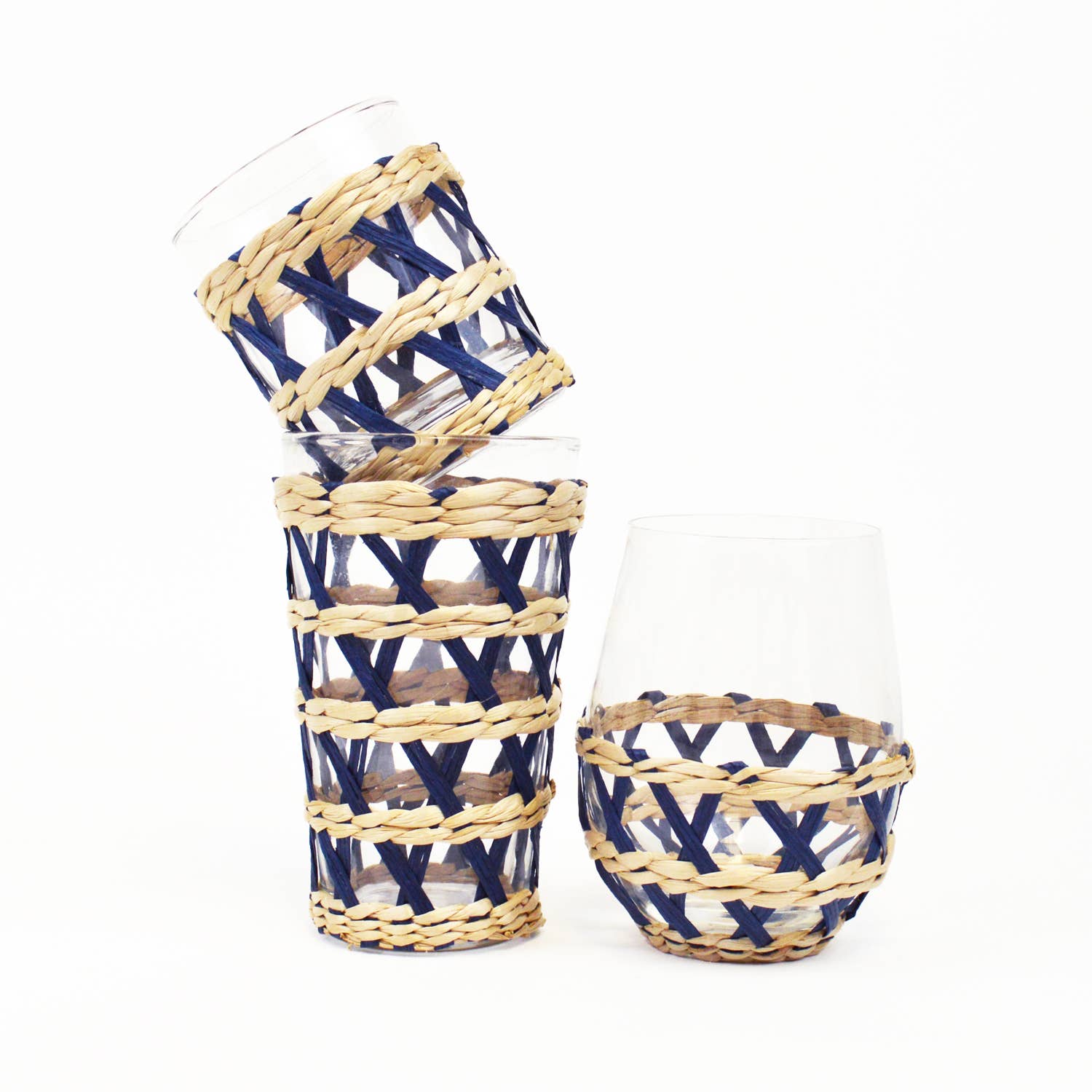 Navy Rattan Tumbler Glass