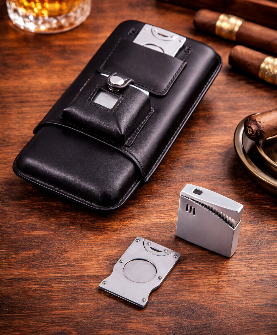 BeyBerk International - Black Leather Three Cigar Case
