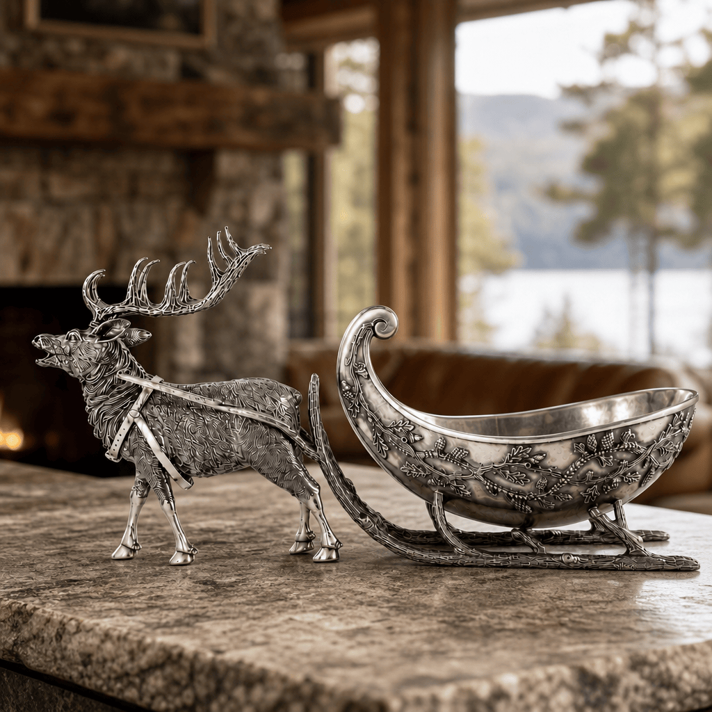 Pewter Reindeer Sleigh Centerpiece - Large