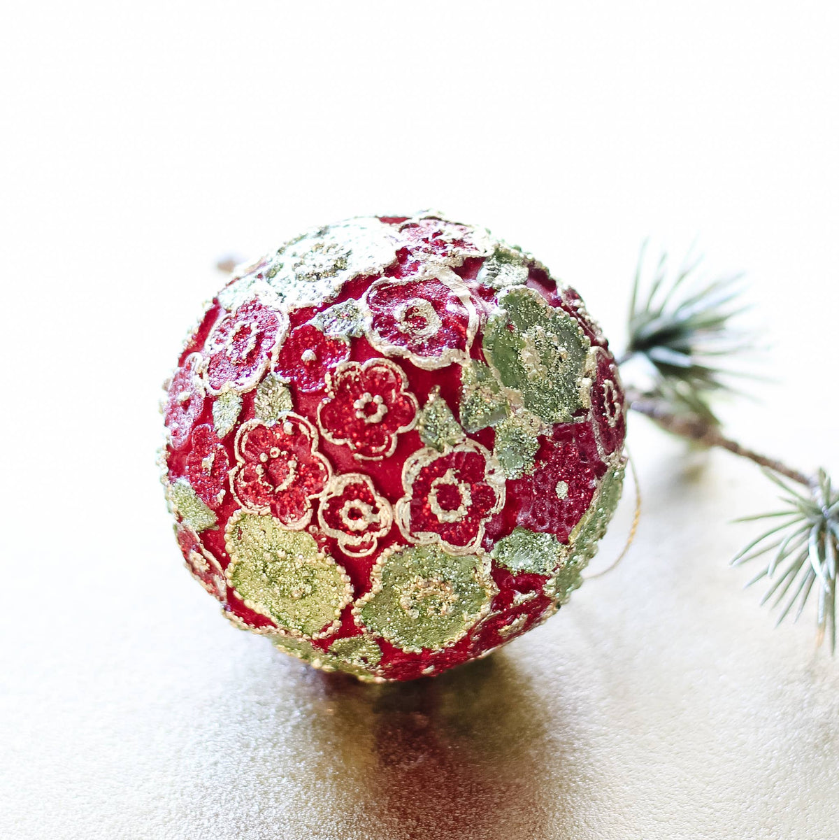 Dekorasyon Gifts  Decor - 3" Beaded Petals Ball Orn (Red/Citron)