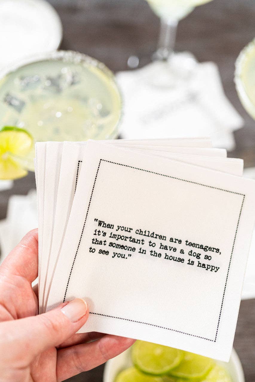 Five Star Napkins Inc. - Dog Quotes - White Cotton Cocktail Napkins 50x