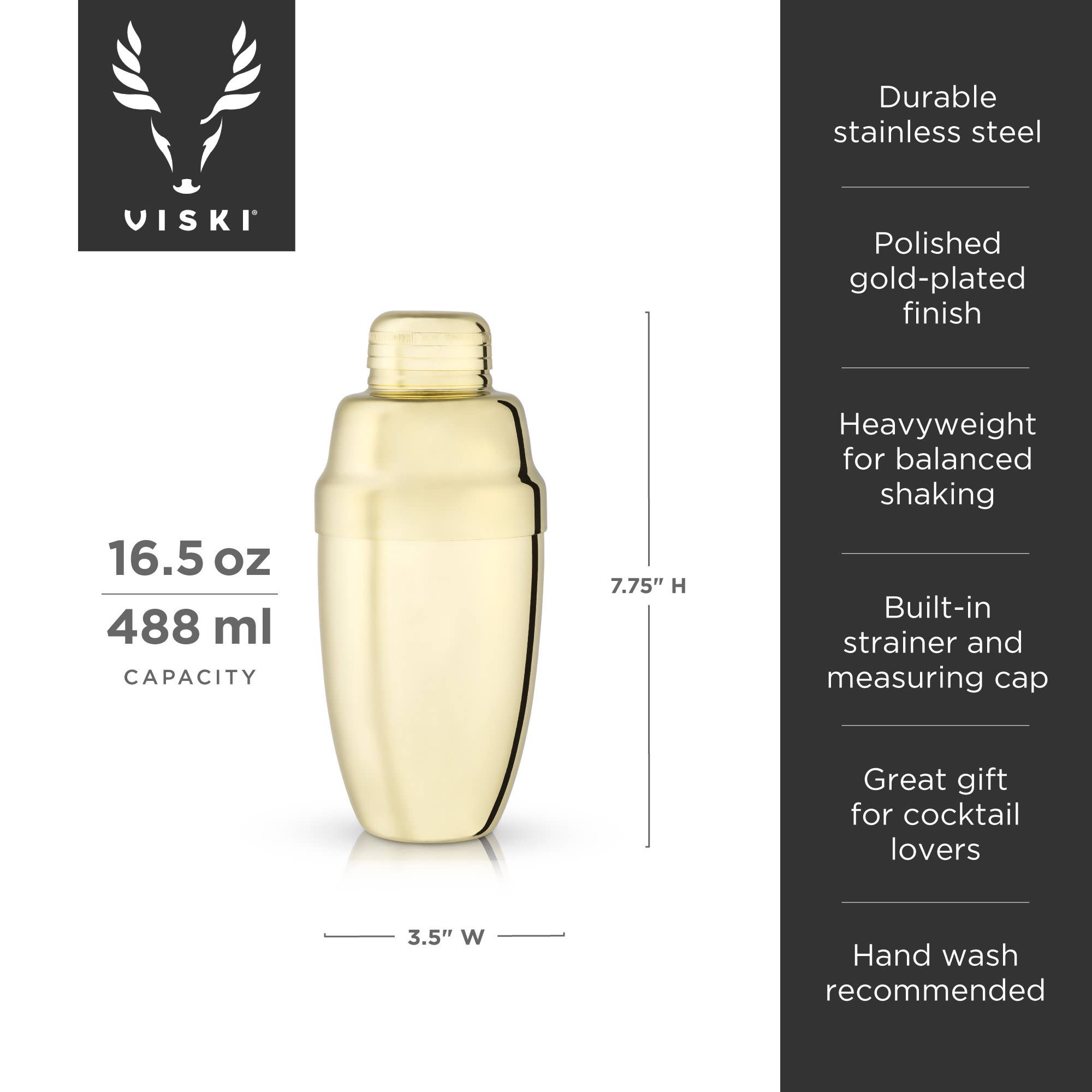 Viski - Belmont™ Gold Plated Heavyweight Cocktail Shaker w Strainer