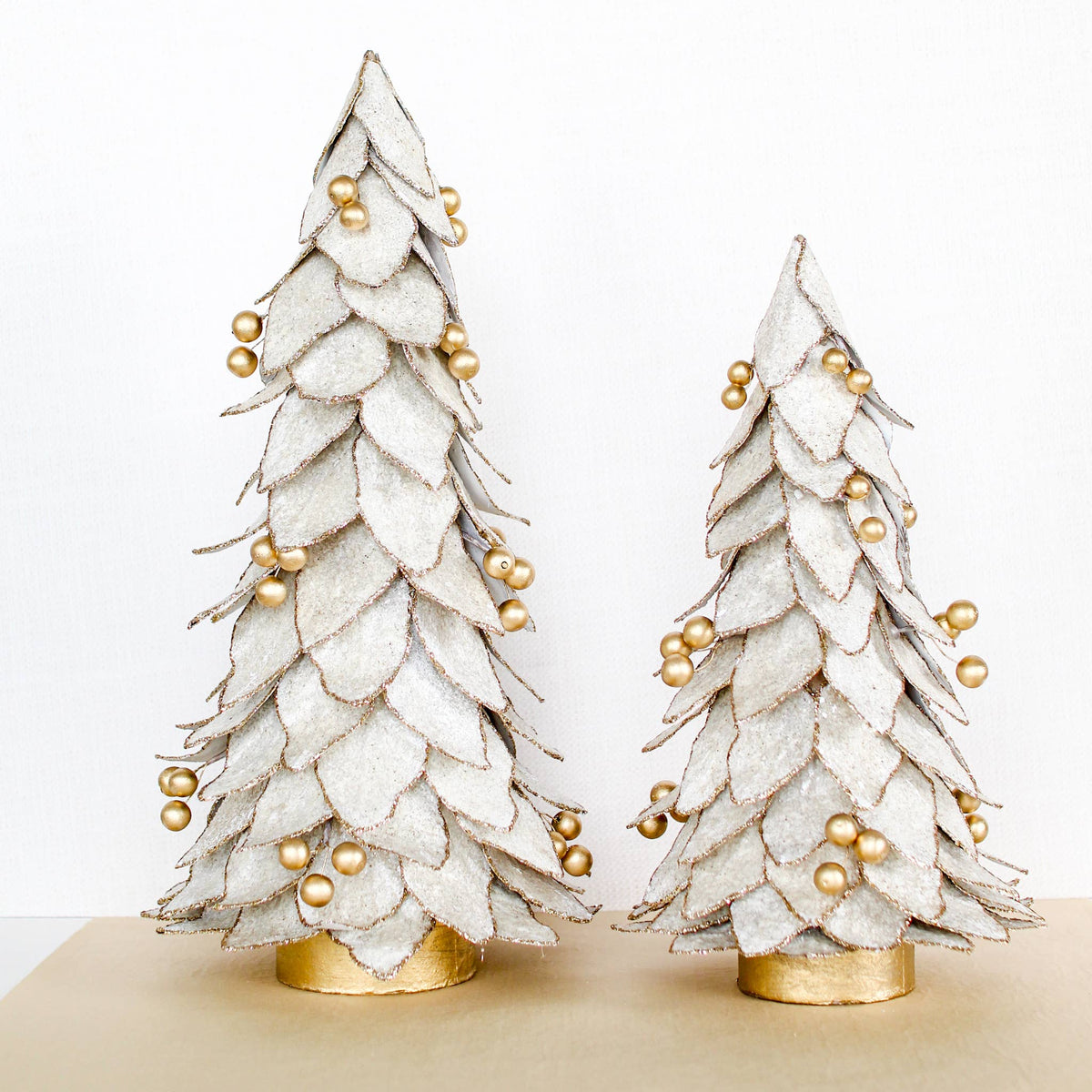 Dekorasyon Gifts  Decor - Flocked Kraft Leaf Tree w/Gold Beads (Ecru/Gold)