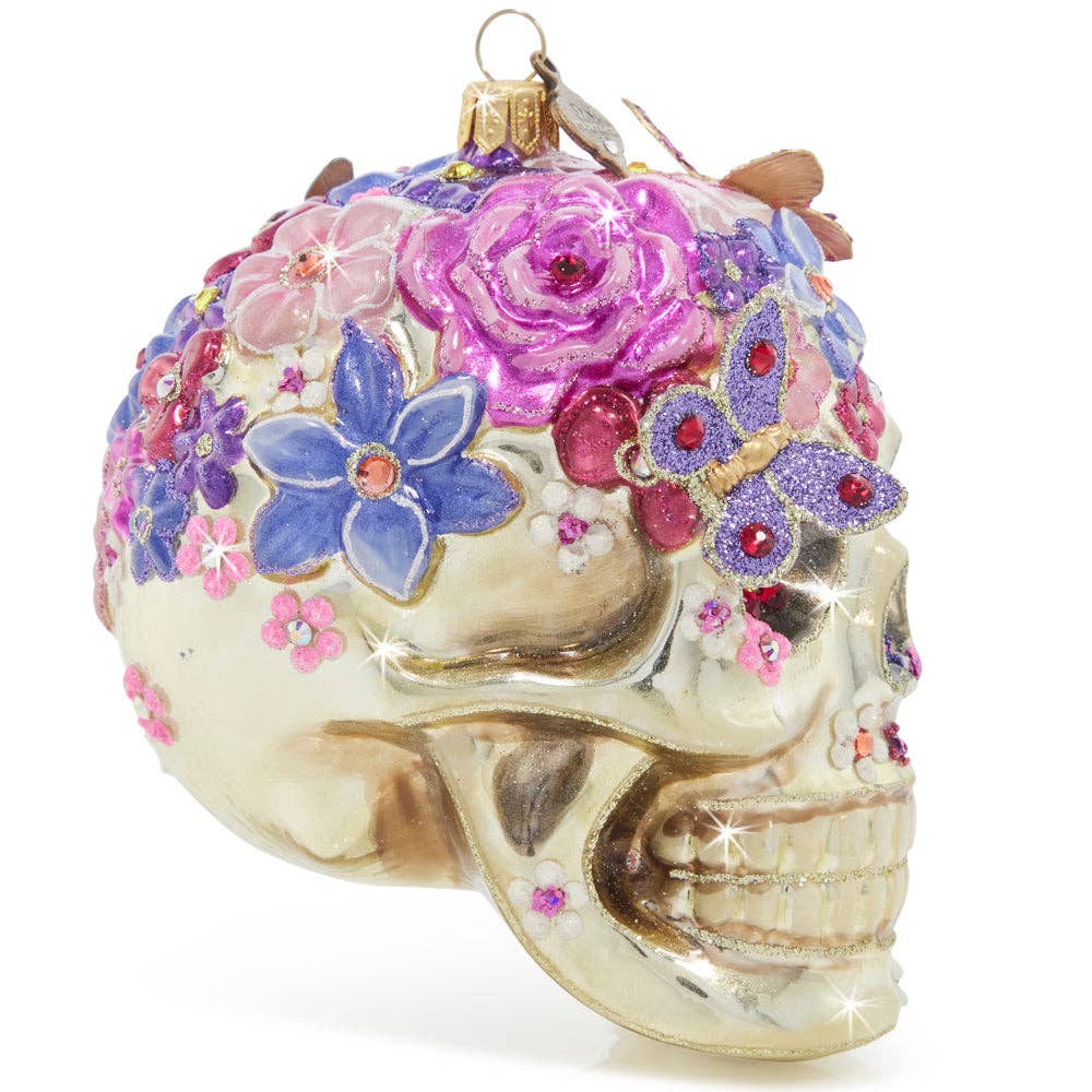 Jay Strongwater - Floral Skull Glass Ornament